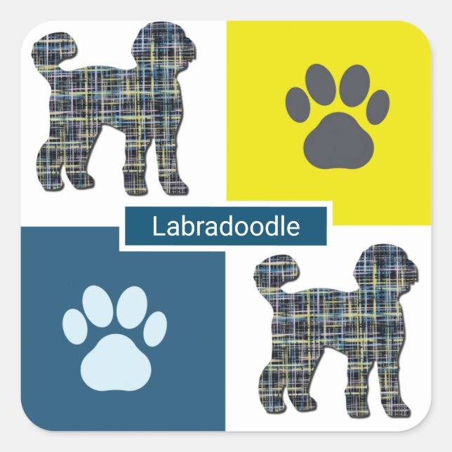 Sticker Carré Labradoodle Chien Silhouette & Paw Y&B Grid (Devant)
