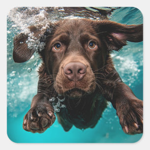Sticker Carré Labrador chocolat joueur nageant sous l'eau