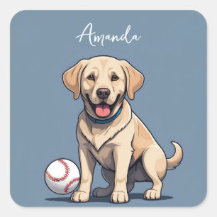 Sticker Carré Labrador Jaune mignon avec balle de baseball