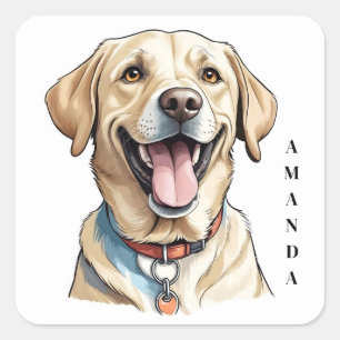 Sticker Carré Labrador jaune souriant avec collier orange