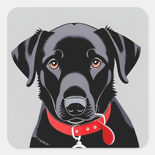 Sticker Carré Labrador noir avec collier rouge (Devant)