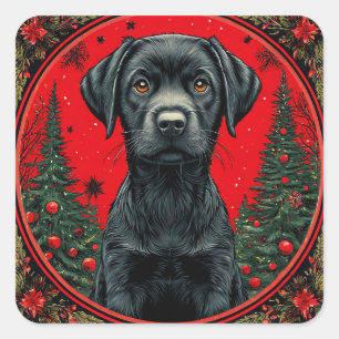 Sticker Carré Labrador noir de Noël avec des arbres de fête