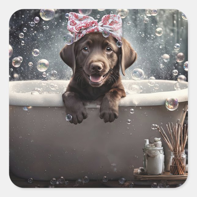 Sticker Carré Labrador Retriever chocolat mignon dans la baignoi (Devant)