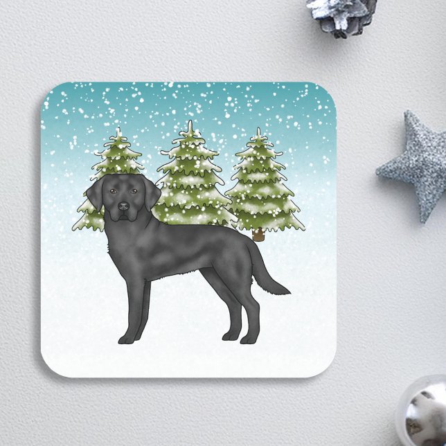 Sticker Carré Labrador Retriever noir dans une forêt enneigée bl (Créateur téléchargé)