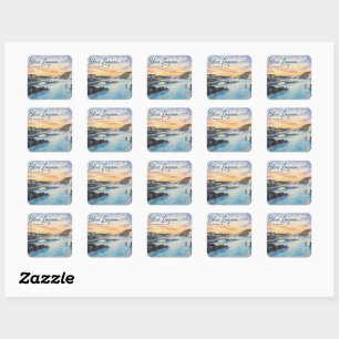 Sticker Carré Lac Bleu Islande bain thermal aquarelle