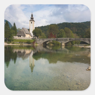 Sticker Carré Lac Bohinj avec l'église dans l'autocollant de la