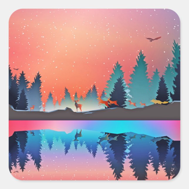 Sticker Carré Lac d'hiver pittoresque avec Cerf (Devant)