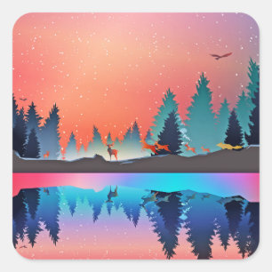 Sticker Carré Lac d'hiver pittoresque avec Cerf