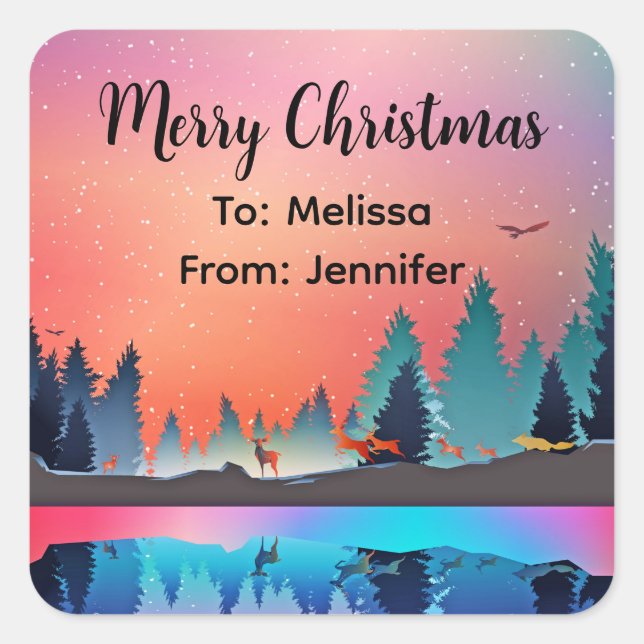 Sticker Carré Lac d'hiver pittoresque avec Noël aux cerfs (Devant)