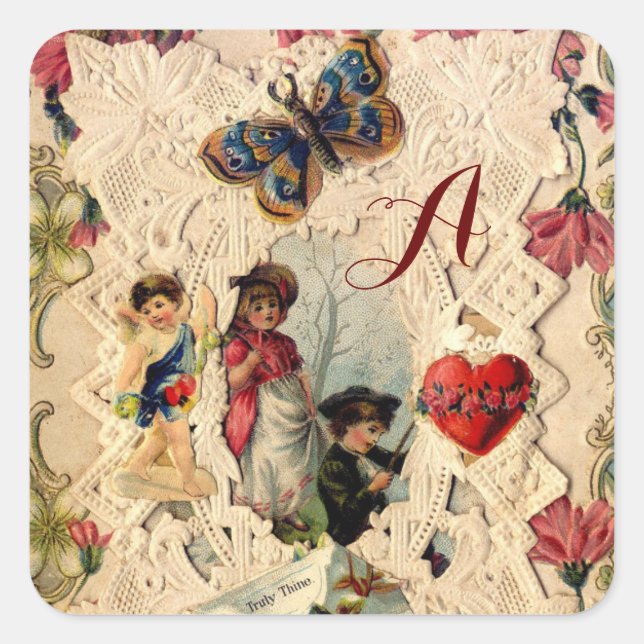 STICKER CARRÉ LACE ANTIQUE VALENTINE, CUPIDE, AMOUREUX ET BOUTTE (Devant)