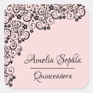 Sticker Carré Lacy Elegant Quinceañera Blush rose et noir
