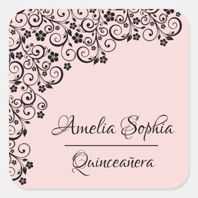 Sticker Carré Lacy Elegant Quinceañera Blush rose et noir (Devant)