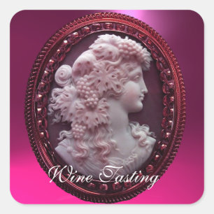 STICKER CARRÉ LADY DE VIN ROUGE ANTIQUE, RAISINS ET GRAPEVINES