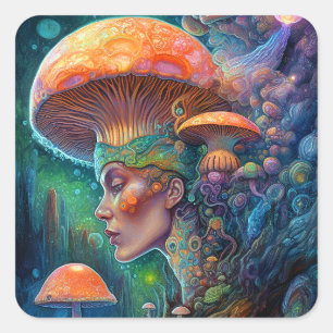 Sticker Carré Lady Et Champignons Surreal Imaginaire Art