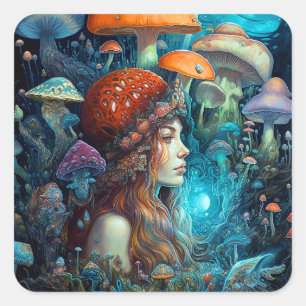 Sticker Carré Lady Et Champignons Surreal Imaginaire Art