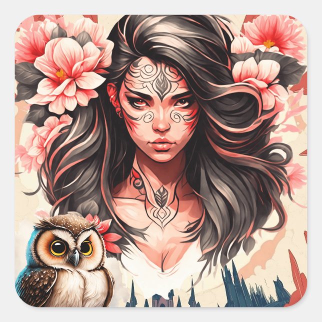 Sticker Carré Lady et le hibou (Devant)