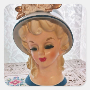 Sticker Carré Lady Head Vase Blonde Ado Blue Casquette Flower