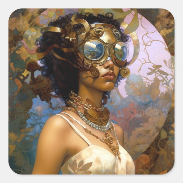 Sticker Carré Lady Portant des lunettes Imaginaire noir Sci-Fi (Devant)