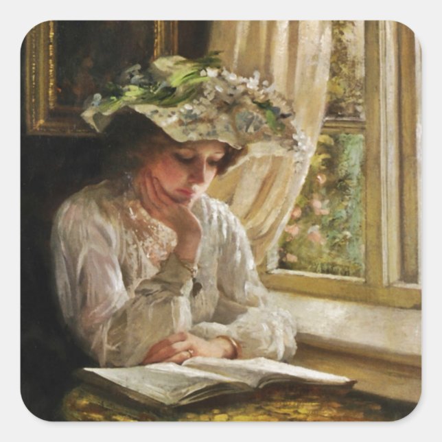 Sticker Carré Lady Reading par Window (Devant)