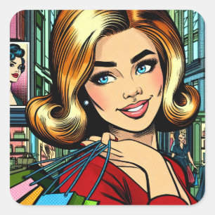 Sticker Carré Lady rétro avec des sacs à provisions milieu du si