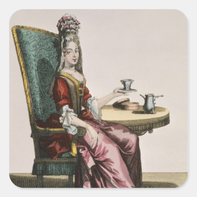 Sticker Carré Lady Taking Coffee, fashion plate, c.1695 (engravi (Devant)