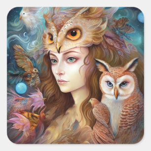 Sticker Carré Lady With Owl Surreal Imaginaire Art