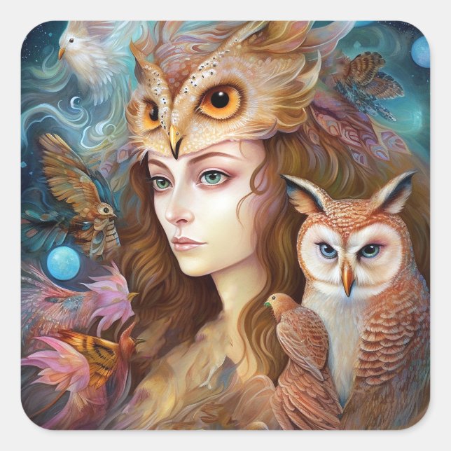 Sticker Carré Lady With Owl Surreal Imaginaire Art (Devant)