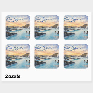 Sticker Carré Lagon bleu Islande bain thermal aquarelle