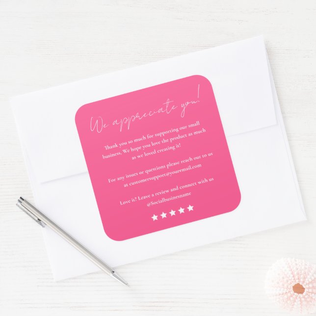 Sticker Carré Laissez-Nous Un Merci De Script De Critique Rose C (Enveloppe)