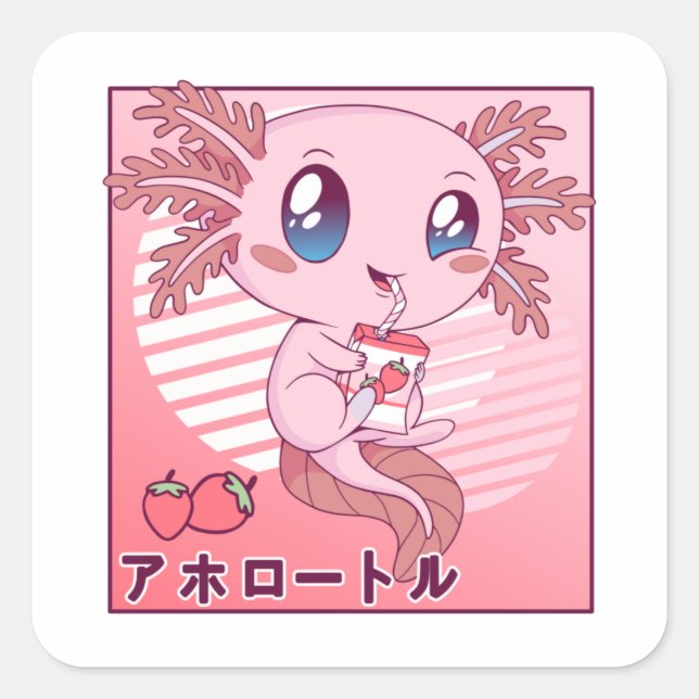 Sticker Carré Lait de fraise Axolotl Retro Kawaii Japon Axolotl (Devant)