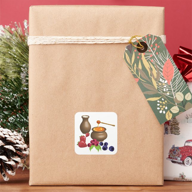 Sticker Carré Lait et miel avec baies Alimentation rustique (Créateur téléchargé)