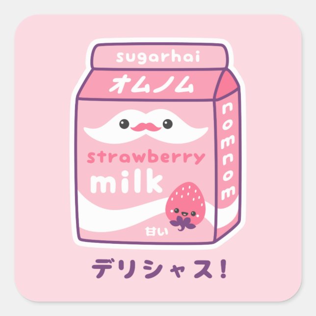Sticker Carré Lait mignonne aux fraises (Devant)