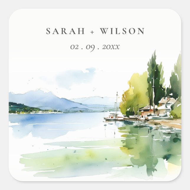 Sticker Carré Lake Geneva Switzerland Watercolor Scape Wedding (Devant)