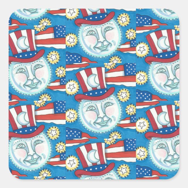 STICKER CARRÉ L'AMÉRICANA FOLK ART PATRIOTIQUE HOMME DANS LA LUN (Devant)