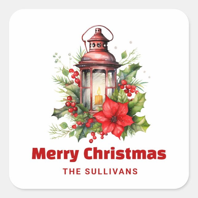 Sticker Carré Lanterne rouge de Noël Poinsettia et pin (Devant)