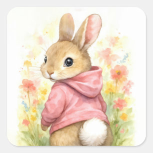 Sticker Carré Lapin à l'aquarelle dans un sweat à capuche rose