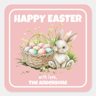 Sticker Carré Lapin Aquarelle + Panier Joyeux Pâques