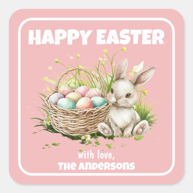Sticker Carré Lapin Aquarelle + Panier|Joyeux Pâques (Devant)