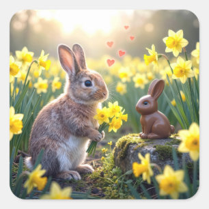 Sticker Carré Lapin aux jonquilles pour lapin de Pâques en choco