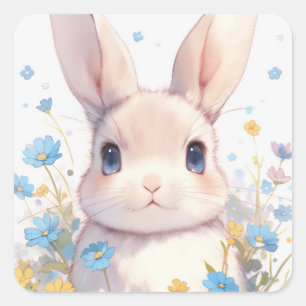 Sticker Carré Lapin aux yeux bleus et fleurs sauvages de printem