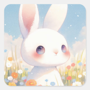 Sticker Carré Lapin aux yeux de galaxie dans une prairie fleurie