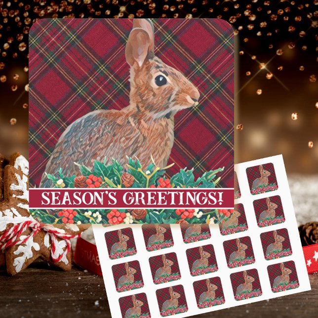 Sticker Carré Lapin avec baies Holly et Plaid (A classic red and green pattern combine with a rabbit to make these custom envelope seals unique.)