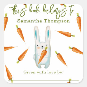 Sticker Carré Lapin avec carottes - ce livre appartient à