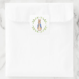 Sticker Carré Lapin avec couronne de feuilles vertes