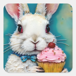 Sticker Carré Lapin avec un Cupcake