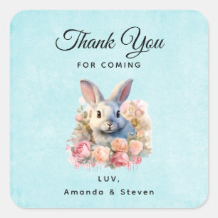 Sticker Carré Lapin avec une guirlande de roses Mignon Merci