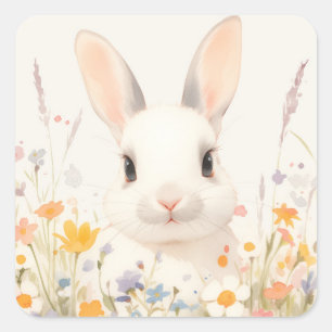 Sticker Carré Lapin Blanc au Nez Rose dans Fleur Sauvage de Prin