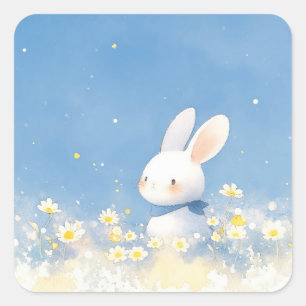 Sticker Carré Lapin Blanc aux Yeux Roses avec Écharpe Bleue dans