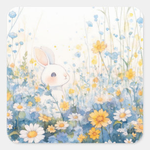 Sticker Carré Lapin Blanc dans un jardin de fleurs sauvages bleu