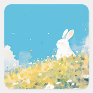 Sticker Carré Lapin blanc dans une prairie de fleurs sauvages ja